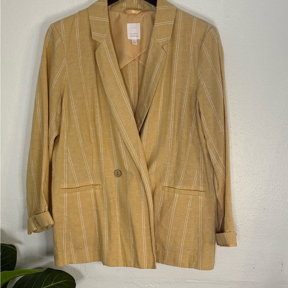 LC Lauren Conrad Women L Yellow Striped Linen Blend Double Breasted Blazer - Picture 2 of 5